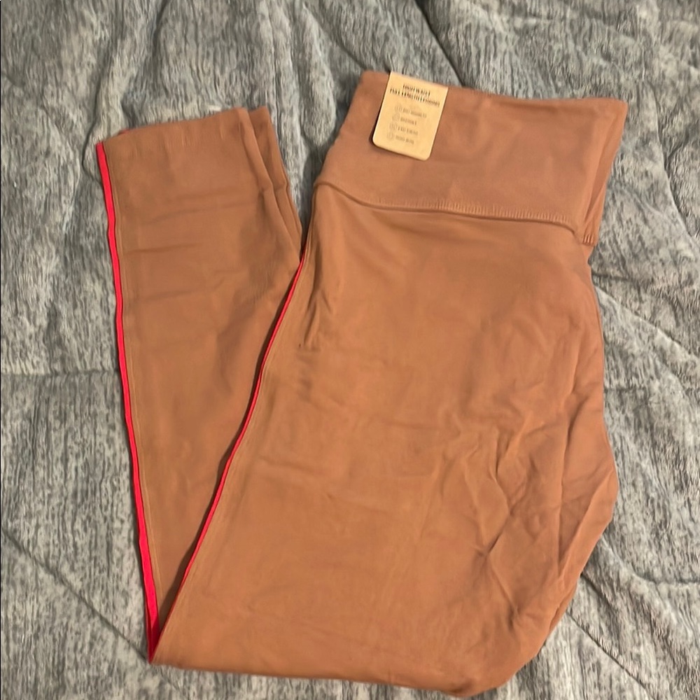 High-Waisted Tan Leggings with Red Stripe